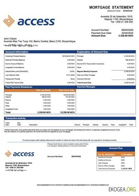 Mozambique Access Bank Mozambique relevé hypothécaire modèle Word et PDF
